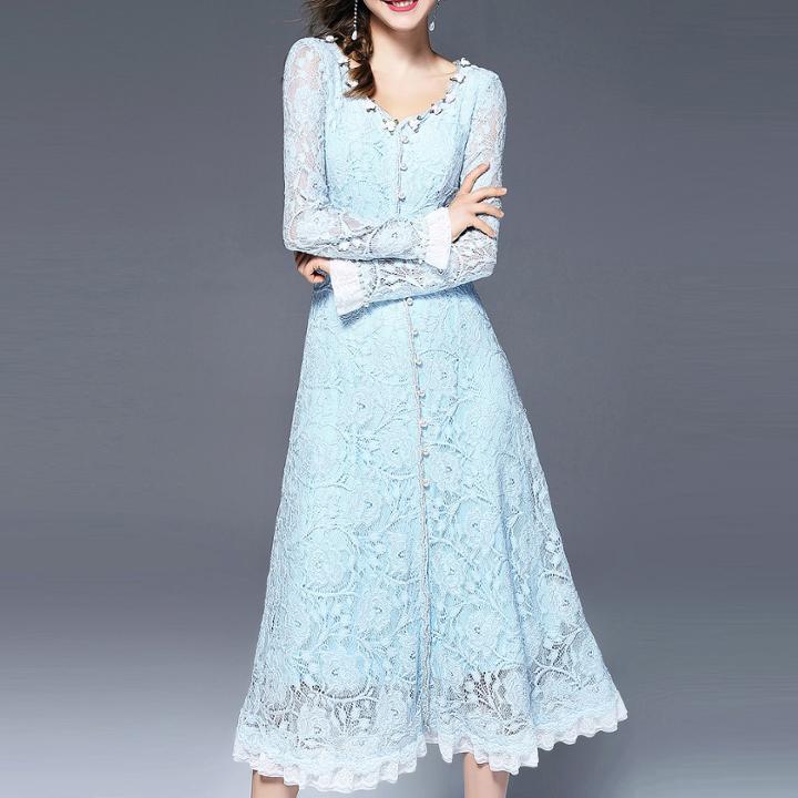 Shein V Neck Flowers Applique Lace Dress