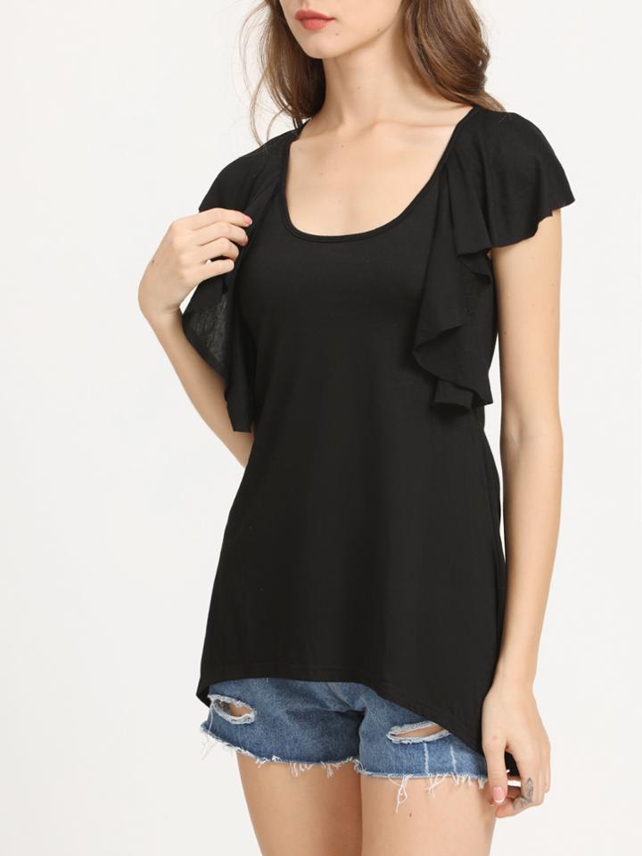 Shein Scoop Neck Ruffle Trim Asymmetric Tee