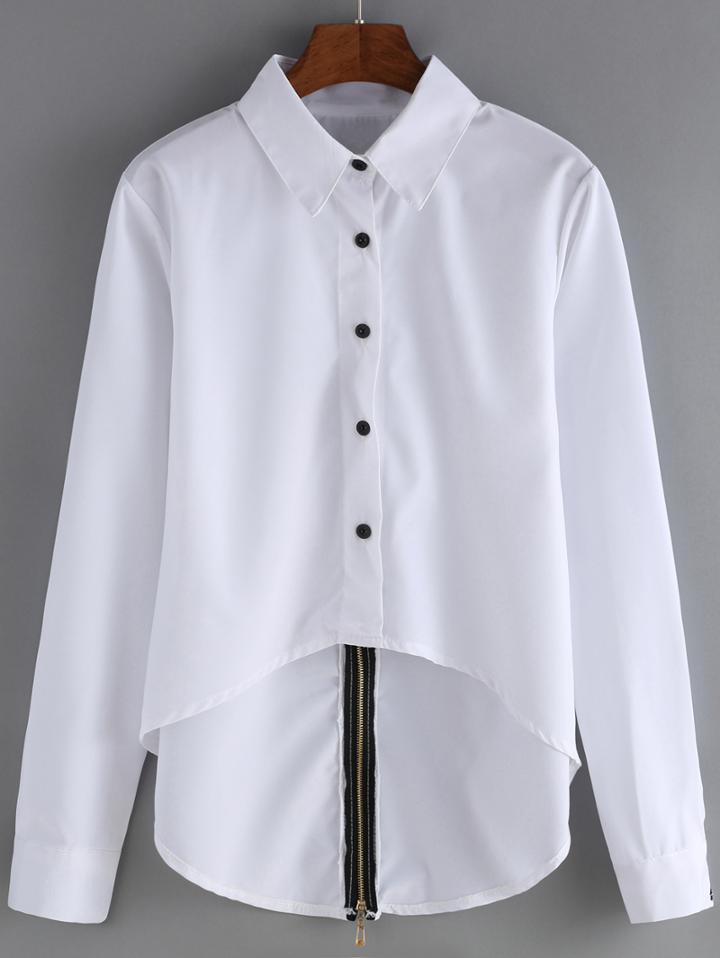 Shein White Lapel Zipper Back Dip Hem Blouse