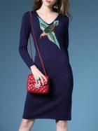 Shein Navy V Neck Knit Bird Embroidered Dress