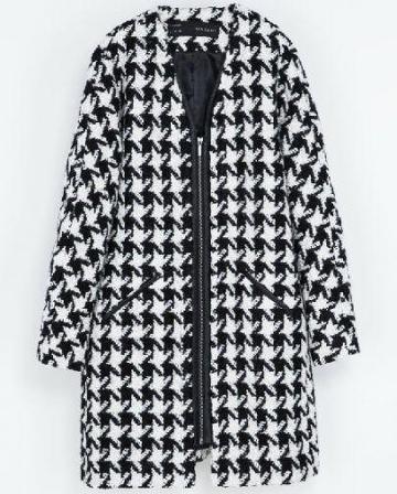 Shein Black White Houndstooth Round Neck Tweed Coat