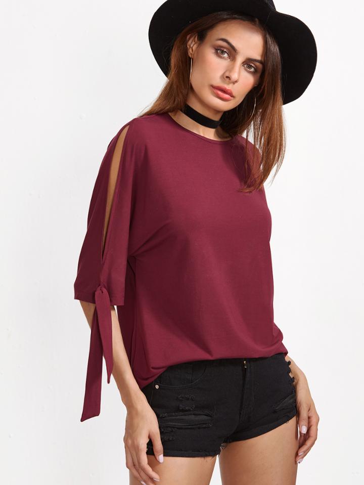 Shein Burgundy Tied Split Sleeve T-shirt