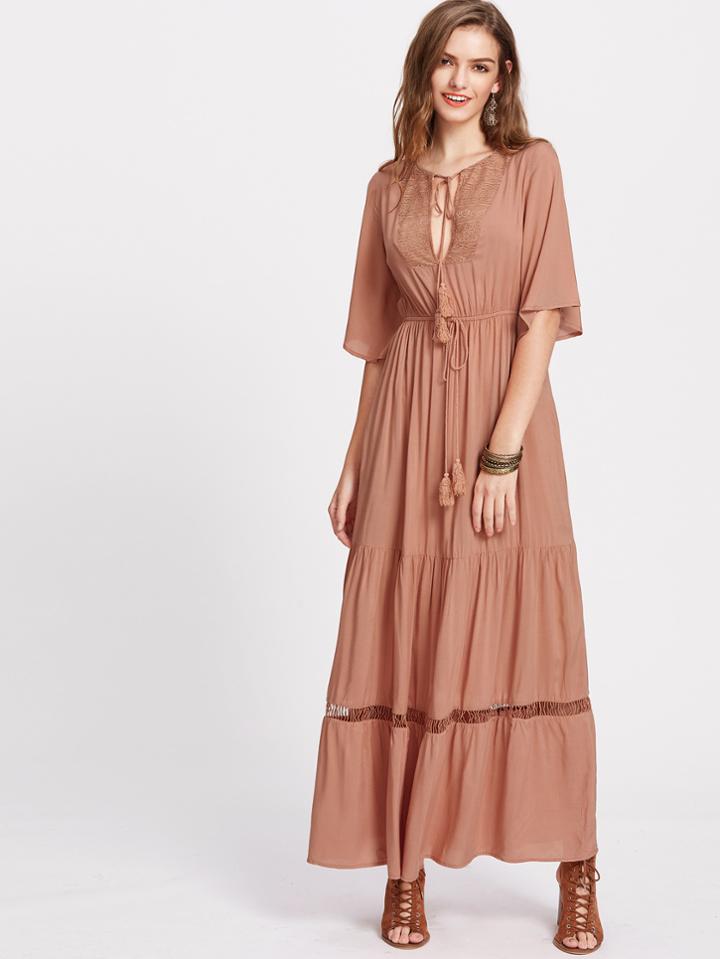 Shein Lace Insert Fringe Self Tie Flutter Sleeve Tiered Dress