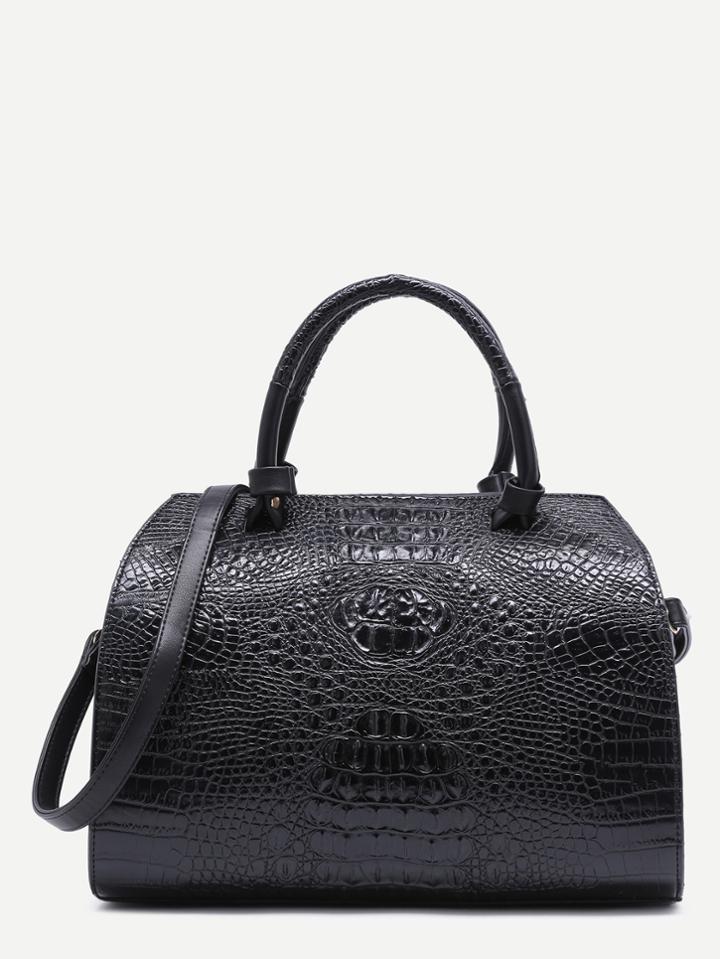 Shein Black Croc Embossed Leather Front Zipper Bowling Bag