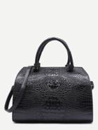 Shein Black Croc Embossed Leather Front Zipper Bowling Bag