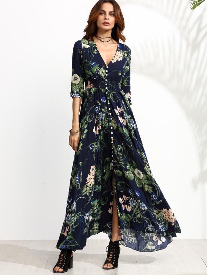Shein Navy Floral Print Half Sleeve Button Front Dress