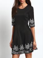 Shein Elbow Sleeve Embroidered Flare Dress