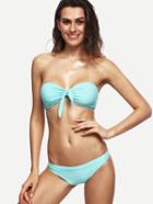 Shein Blue Front Tie Ruched Bandeau Bikini Set