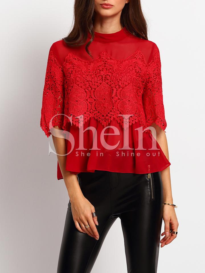 Shein Burgundy Cut Out Crochet Lace Mesh Blouse