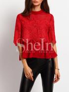 Shein Burgundy Cut Out Crochet Lace Mesh Blouse