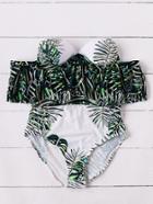 Shein Leaf Print Off The Shoulder Bustier One-piece Swimwear