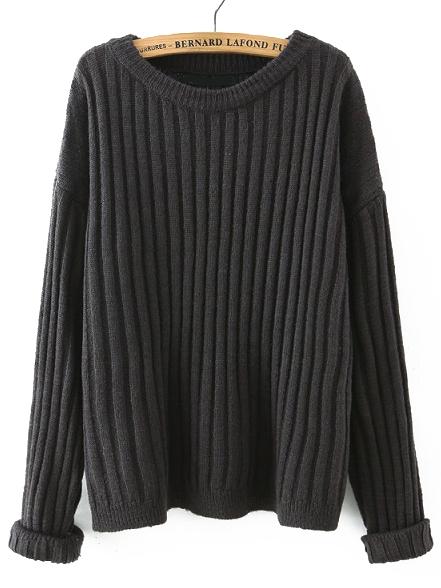 Shein Grey Round Neck Vertical Stripe Loose Sweater