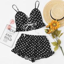 Shein Ruffle Hem Lace Up Cami Top And Shorts Set