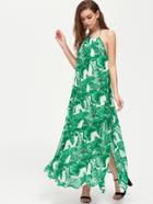 Shein Palm Leaf Print Low Back Slit Halter Dress