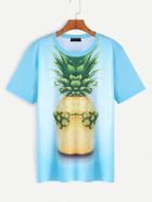 Shein Blue Pineapple Print Short Sleeve T-shirt