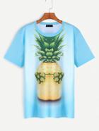 Shein Blue Pineapple Print Short Sleeve T-shirt