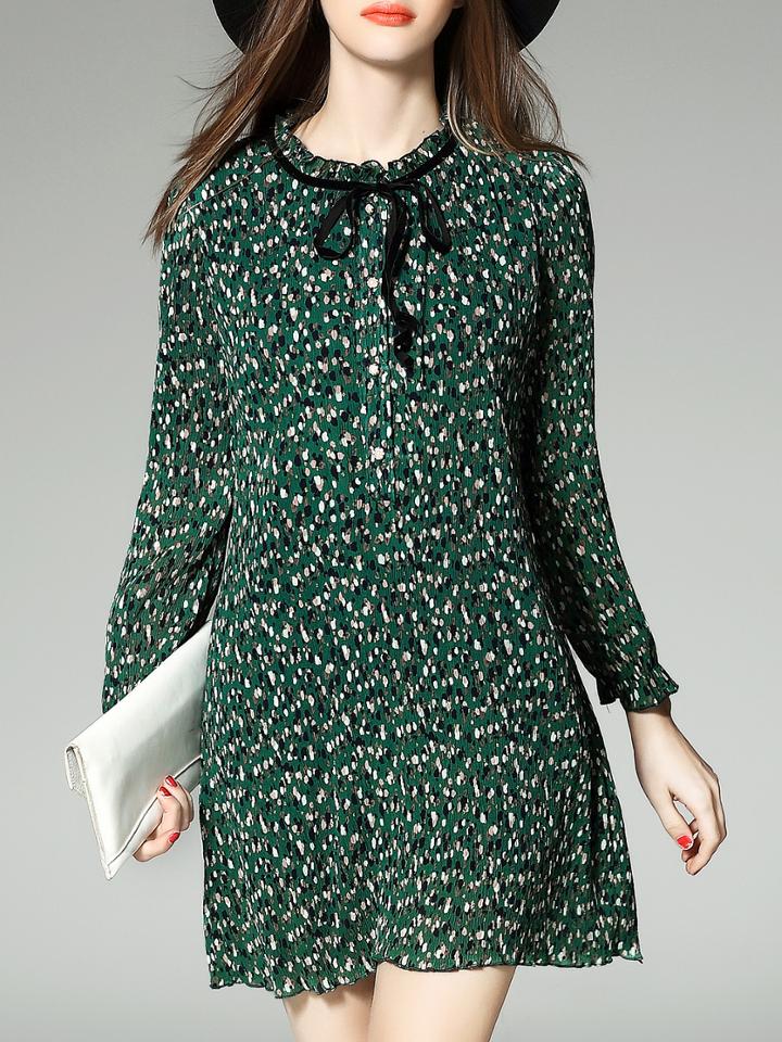 Shein Green Tie Neck Print Pleated Dress