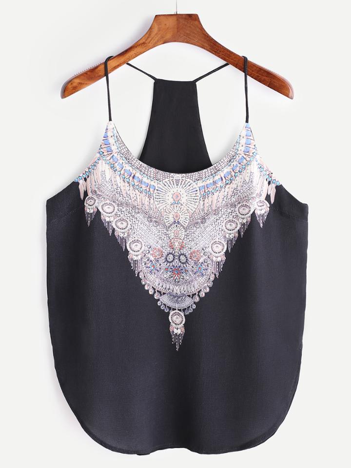 Shein Black Tribal Print Rhinestone Curved Hem Halter Top