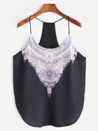 Shein Black Tribal Print Rhinestone Curved Hem Halter Top