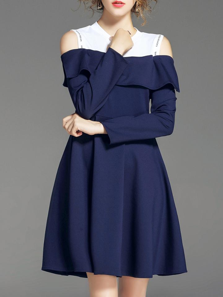 Shein Open Shoulder Color Block Ruffle Dress