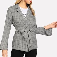 Shein Waist Belted Notched Neck Plaid Blazer