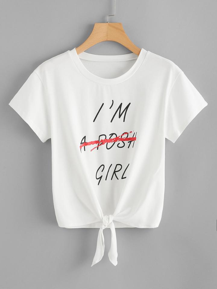 Shein Slogan Print Knotted T-shirt