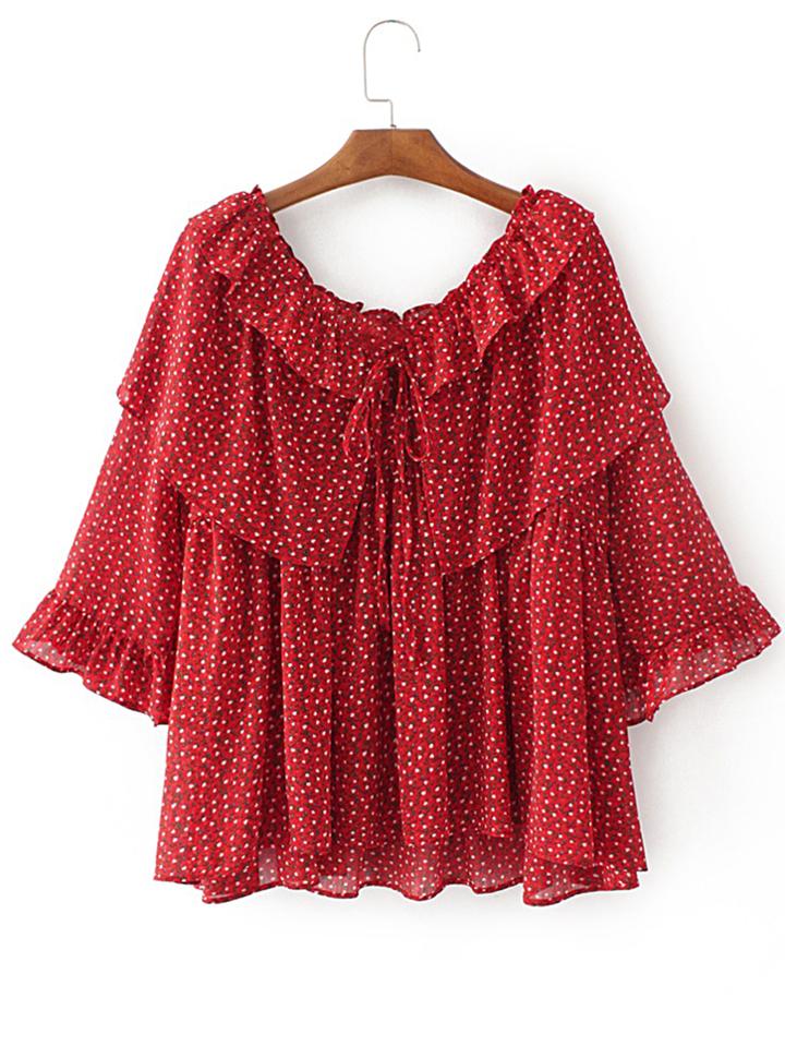 Shein Boat Neckline Polka Dot Ruffle Blouse