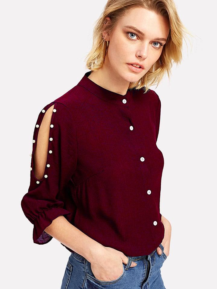 Shein Pearl Beading Split Sleeve Blouse