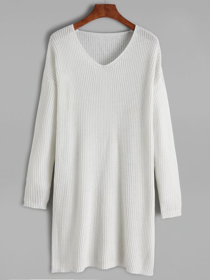 Shein White V Neck Drop Shoulder Sweater Dress