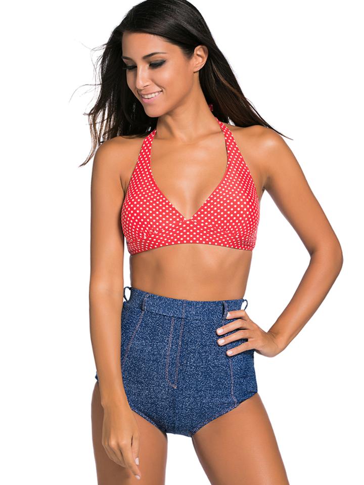 Shein Polka Dot Mix & Match High Waist Two Piece Swimwear