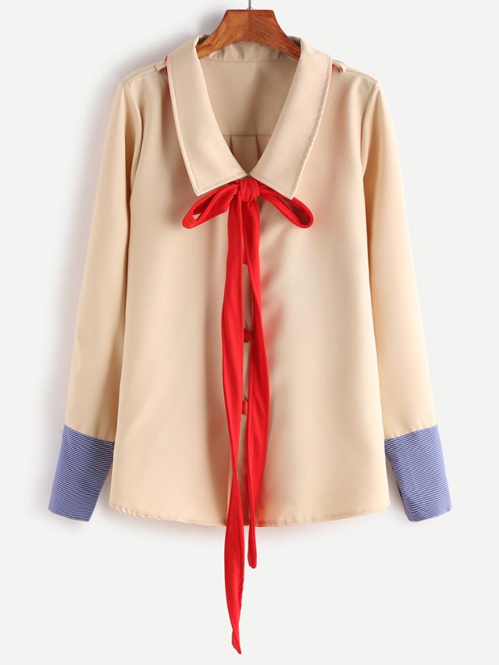 Shein Apricot Bow Tie Neck Contrast Stripe Cuff Blouse