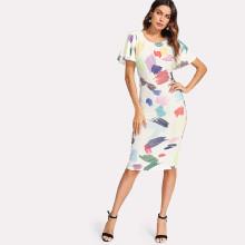 Shein Flutter Sleeve Split Back Pencil Dress