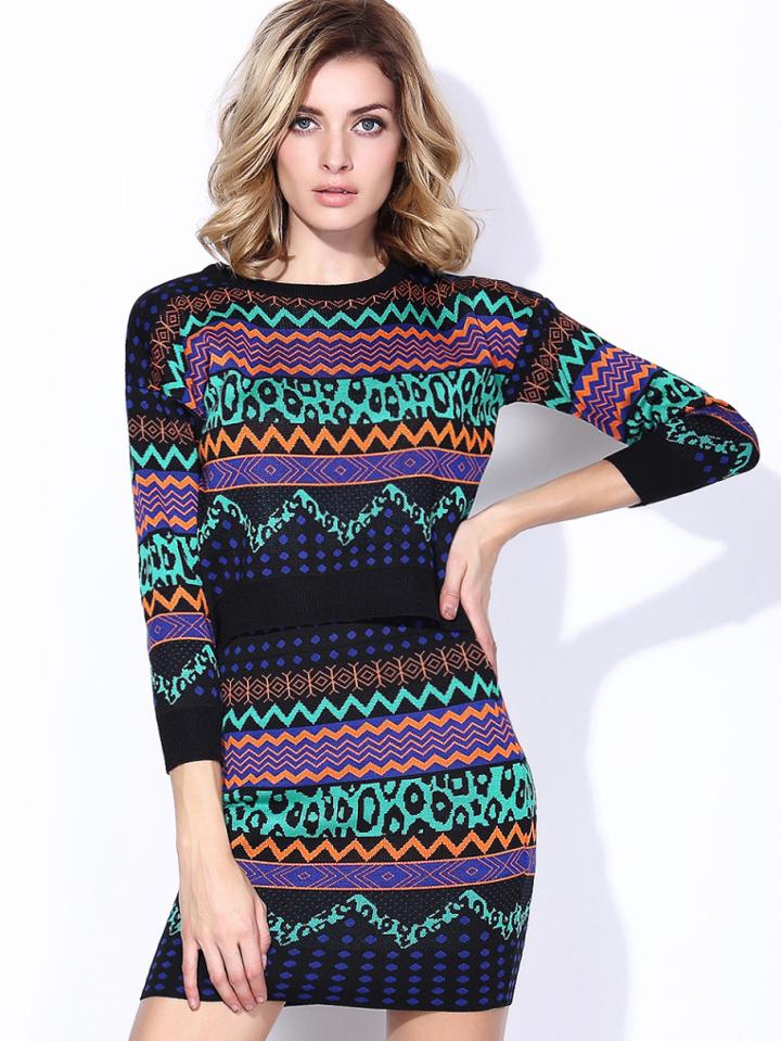 Shein Multicolor Round Neck Length Sleeve Knit Two-piece Dress