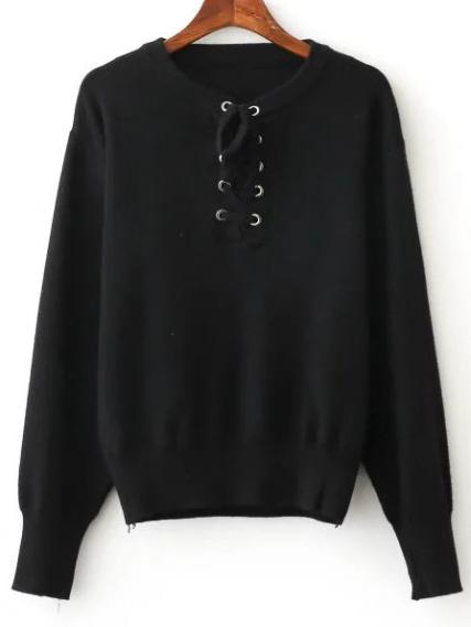 Shein Black Ribbed Trim Eyelet Lace Up Knitwear