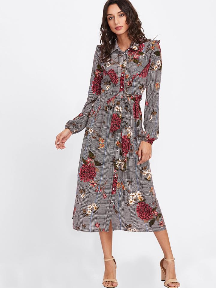Shein Mixed Print Frilled Detail Dress