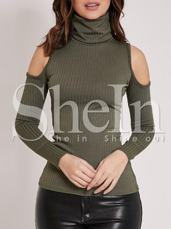 Shein Army Green Off The Shoulder High Neck Rib T-shirt