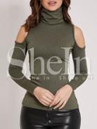 Shein Army Green Off The Shoulder High Neck Rib T-shirt