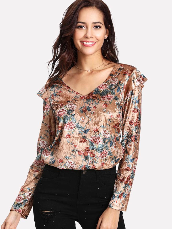 Shein Flounce Detail Shoulder Floral Crushed Velvet Top