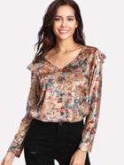 Shein Flounce Detail Shoulder Floral Crushed Velvet Top