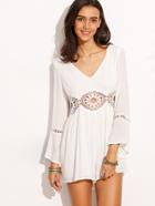 Shein White V Neck Crochet Panel Bell Sleeve Jumpsuit