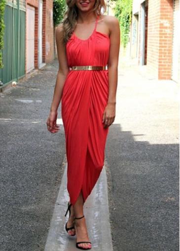 Rosewe Glamorous Strap Design Belt Decoration Woman Dress Red