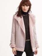 Shein Pink Belted Collar And Cuff Asymmetric Zip Faux Shearling Jacket