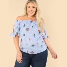 Shein Plus Knot Cuff Mixed Print Bardot Blouse