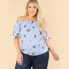 Shein Plus Knot Cuff Mixed Print Bardot Blouse