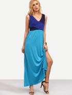 Shein Color Block V Neck High Waist Split Side Maxi Dress