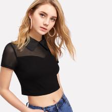 Shein Mesh Yoke Keyhole Back Crop Tee