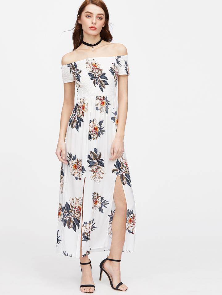 Shein Flower Print Off Shoulder Slit Smocked Dress