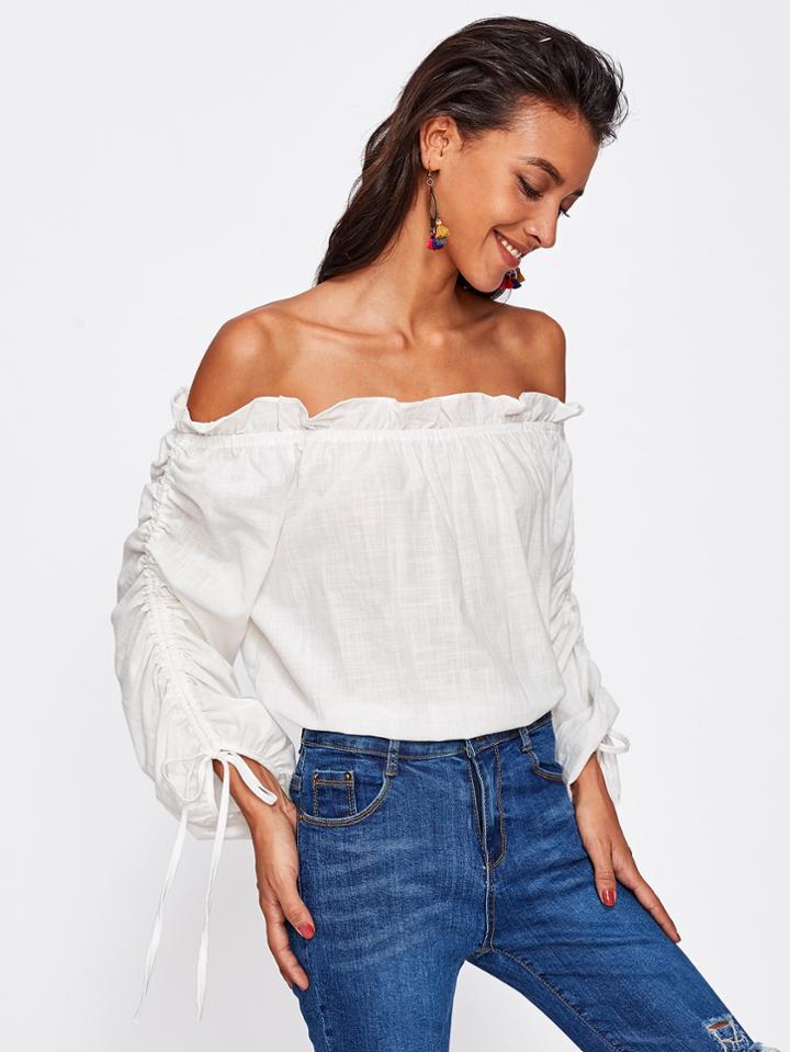 Shein Frill Trim Bardot Drawstring Sleeve Top