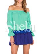 Shein Blue Off The Shoulder Ruffle Cuff Blouse