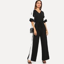 Shein Knot V Cut Back Drawstring Waist Colorblock Jumpsuit